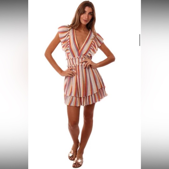 Saylor Striped Cotton Ruffle Mini Dress Size Small - Picture 1 of 9